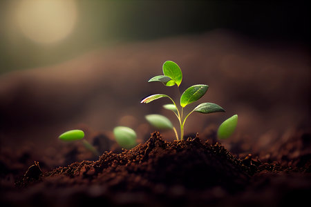 A scene of farming and plant growth is set against a green, blurry backdrop. sprouting from seed and developing into a seedling. Generative aiの素材