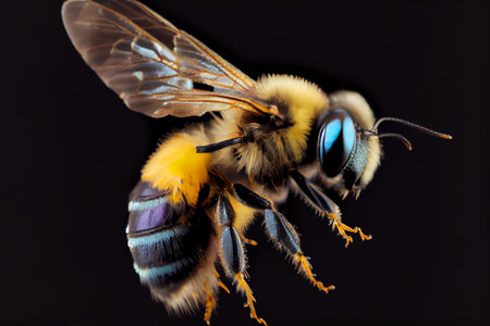 A bee flies in the air close up. Generative AI.の素材
