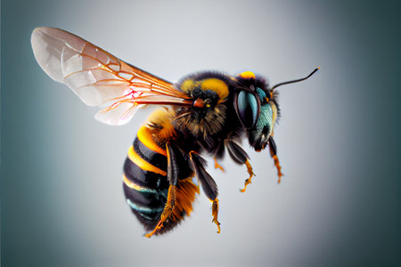 A bee flies in the air close up. Generative AI.の素材