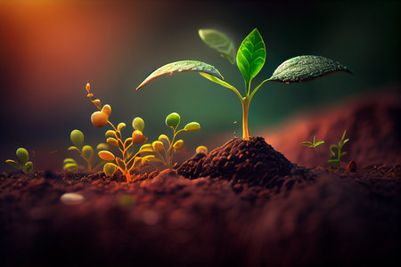 A scene of farming and plant growth is set against a green, blurry backdrop. sprouting from seed and developing into a seedling. Generative aiの素材