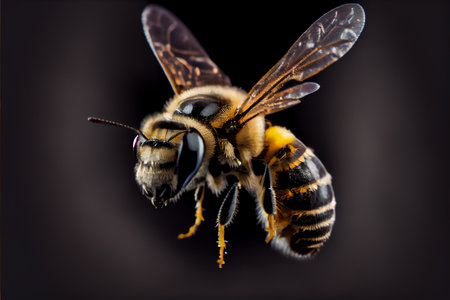 A bee flies in the air close up. Generative AI.の素材