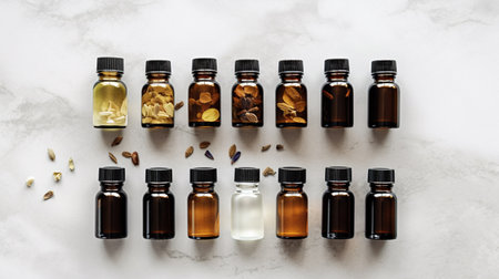 A top view of a collection of essential oils arranged on a white stone table. Ideal for promoting aromatherapy and natural remedies. Generative AI illustrationの素材