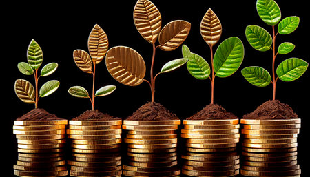 A row of stacks of coins with a plant growing out of them. Tree leaf on save money coins, Business finance saving banking investment concept. Generative AI illustrationの素材