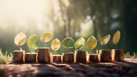A row of stacks of coins with a plant growing out of them. Tree leaf on save money coins, Business finance saving banking investment concept. Generative AI illustrationの素材