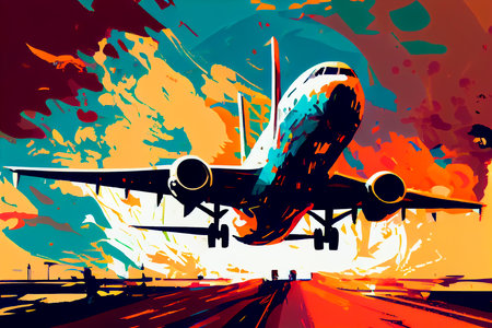 Abstract art. Colorful painting art of a modern airplane landing at the airport. Background illustration. Generative AI.の素材