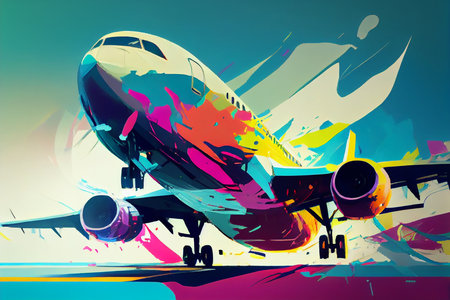 Abstract art. Colorful painting art of a modern airplane landing at the airport. Background illustration. Generative AI.の素材