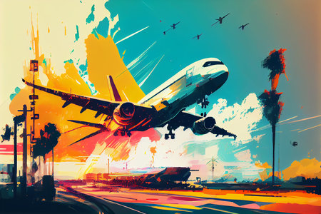 Abstract art. Colorful painting art of a modern airplane landing at the airport. Background illustration. Generative AI.の素材