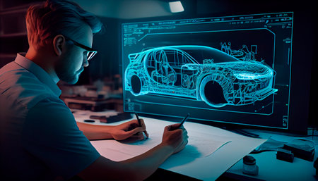 An engineer designing an electric car using augmented reality and viewing the car as a projection or hologram in a high-tech laboratory. Generative Ai technologyの素材