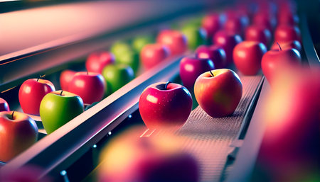 Apples in a food processing facility, clean and fresh, ready for automated packing. Concept for a healthy food company with automated manufacturing of food and fruits. Generative AI technologyの素材
