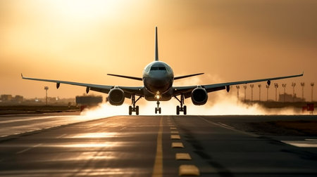 Airplane taking off or landing on airport runway. Generative AI illustratorの素材
