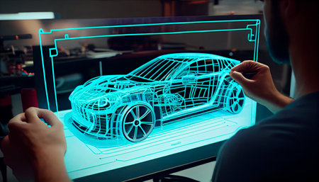 An engineer designing an electric car using augmented reality and viewing the car as a projection or hologram in a high-tech laboratory. Generative Ai technologyの素材