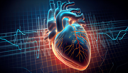 Anatomy of human heart on ecg medical background. Generative AI technologyの素材