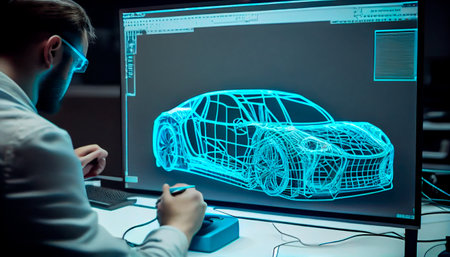 An engineer designing an electric car using augmented reality and viewing the car as a projection or hologram in a high-tech laboratory. Generative Ai technologyの素材