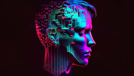 Artificial Intelligence and Virtual Reality concept. 3D human head made of pixels in neon holographic vivid colors on dark background. Vaporwave and Synthwave style illustration. Generative AIの素材