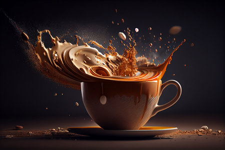 Aromatic coffee splashing in a Cappuccino cup, Generative AIの素材