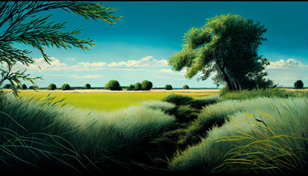 Artwork of grassy summer field. Generative Ai technologyの素材