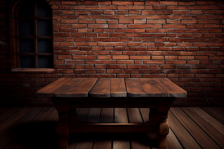 Background for still lifes and other compositions, an empty rustic brown wooden table against a brick wall. Generative AIの素材