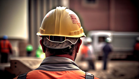 At back of the construction worker head is wearing the safety helmet. Generative AI illustrationの素材