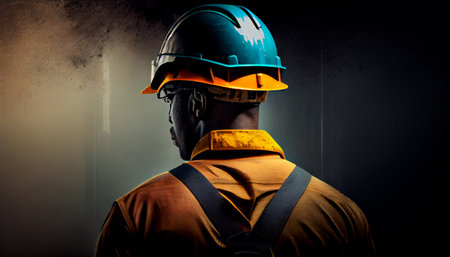 At back of the construction worker head is wearing the safety helmet. Generative AI illustrationの素材