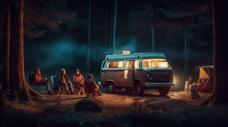 Auto camping, a view of young people enjoying outdoor recreation around a campfire in the late evening while camping with a van in the woods. Generative AI illustratorの素材