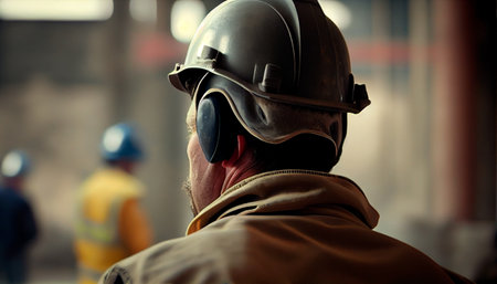 At back of the construction worker head is wearing the safety helmet. Generative Ai technologyの素材