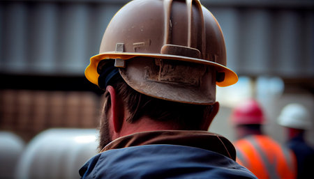 At back of the construction worker head is wearing the safety helmet. Generative Ai technologyの素材