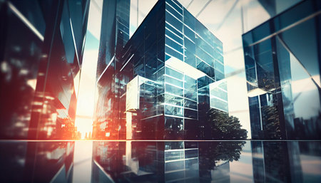 Background of future urban and corporate architecture. Real estate idea with bokeh, motion blur, and a reflection in a glass panel of a skyscraper facade. Generative AI technologyの素材