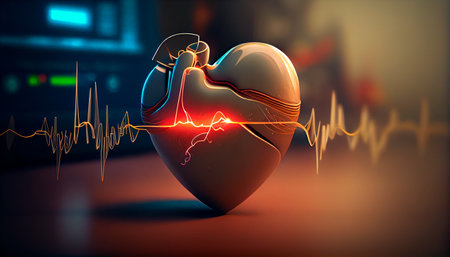 Background with a heart with the heartbeat monitor line, Heart and heartbeat symbol. Generative AIの素材