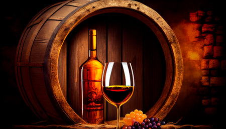 Barrel of wine with wine glass, winery concept background. Generative Ai technologyの素材