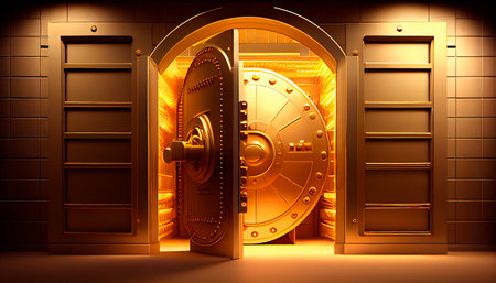 Bank vault with open door. Store Gold bar, inside in Gold vault money. Dollar and euro vault. Inside in bank vault money. Generative AI illustrationの素材