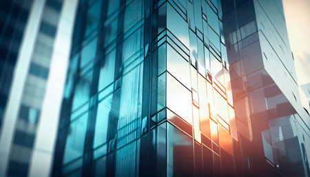 Background of future urban and corporate architecture. Real estate idea with bokeh, motion blur, and a reflection in a glass panel of a skyscraper facade. Generative AI technologyの素材