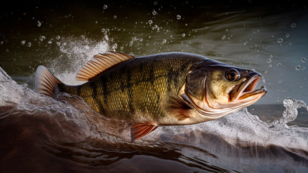 Bass fish jumping out of river water made. Generative AI illustratorの素材