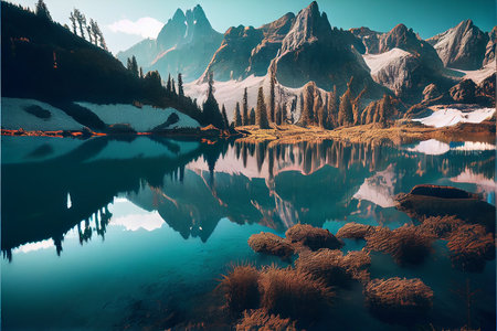At the base of a massive snow covered mountain. Serene mountain lake. generative ai.の素材