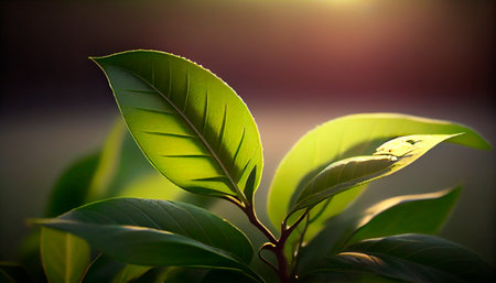 Beautiful green tea leaves with sunlight. AI generativeの素材
