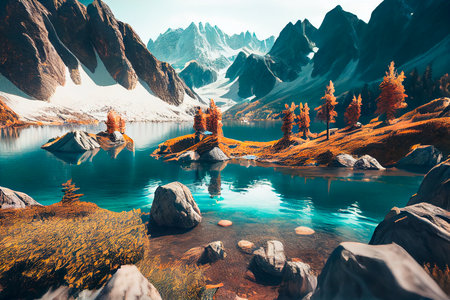 Beautiful mountain and lake. Generative AIの素材