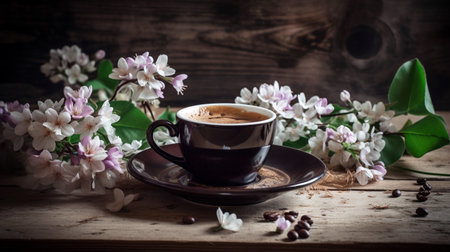 Beautiful Cup of Coffee on a Wooden Table with Spring Flowers. Generative AI illustratorの素材