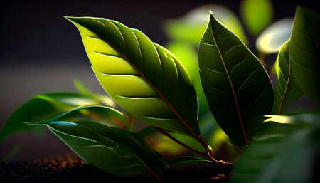 Beautiful green tea leaves with sunlight. AI generativeの素材