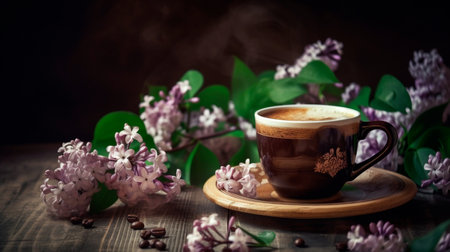 Beautiful Cup of Coffee on a Wooden Table with Spring Flowers. Generative AI illustratorの素材