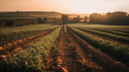 Beautiful landscape of farm fields. Cultivation of crops, production of food and raw materials. Generative AI illustratorの素材