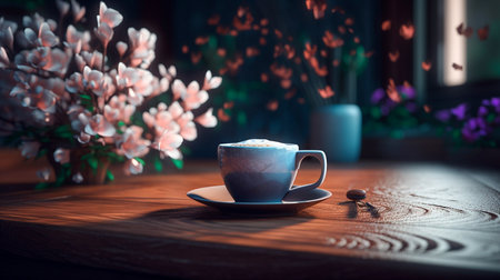 Beautiful Cup of Coffee on a Wooden Table with Spring Flowers. Generative AI illustratorの素材