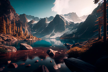 Beautiful mountain and lake. Generative AIの素材