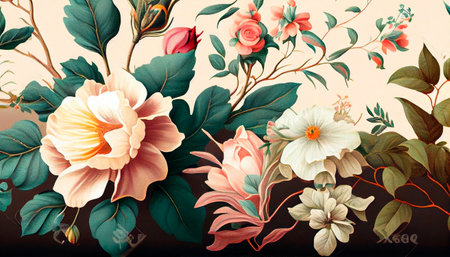 Beautiful fantasy vintage wallpaper botanical flower bunch. Generative AI.の素材