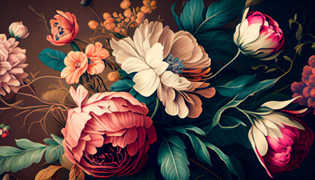 Beautiful fantasy vintage wallpaper botanical flower bunch. Generative AI.の素材