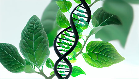 Biology laboratory nature and science, plant and environmental study, DNA, gene therapy, and plants with biochemistry structures on white backgrounds. Generative Ai technologyの素材