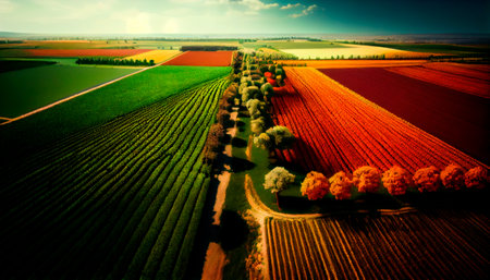 Beautiful landscape of farm fields. Cultivation of crops, production of food and raw materials. Top view of the countryside. Agriculture land and farming. Pepper plantation, leek. Generative AIの素材