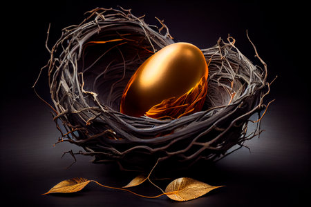 Beautiful shiny golden egg in bird nest on dark shale background. The golden egg in the nest. Generative AIの素材