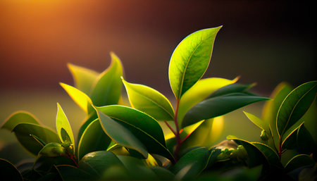 Beautiful green tea leaves with sunlight. AI generativeの素材