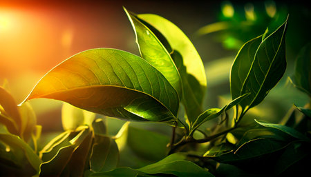 Beautiful green tea leaves with sunlight. AI generativeの素材