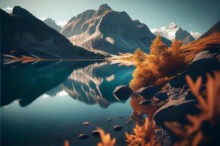 At the base of a massive snow covered mountain. Serene mountain lake. generative ai.の素材