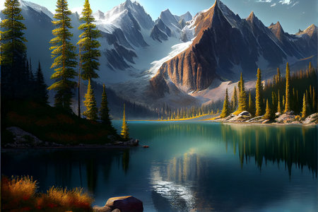 At the base of a massive snow covered mountain. Serene mountain lake. generative ai.の素材